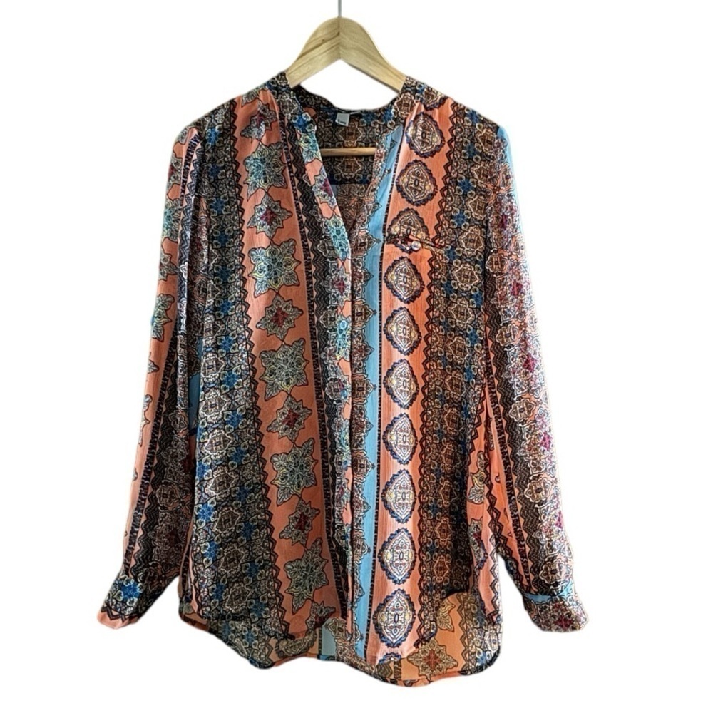 KUT from the Kloth Sheer Button Front Aztec Boho Blouse, Size S